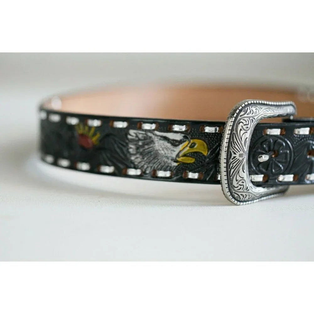 Hand Tooled Painted Bold Eagle Whipstitch Black Leather Belt